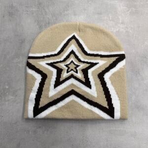 Cream and Brown Star Acrylic Graphic Beanie Hat